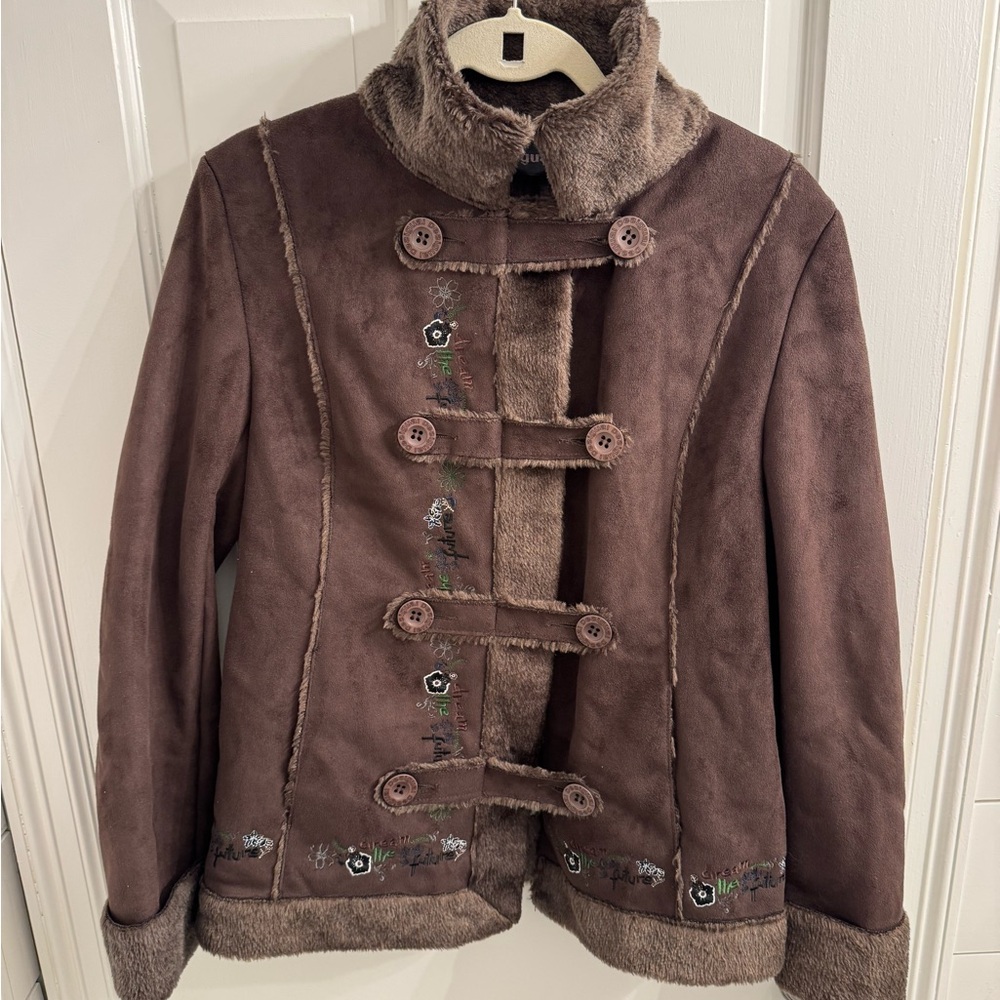 Desigual Brown Teddy Jacket with Faux Fur Trim